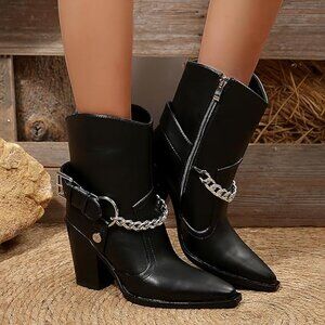NEW! Ankle Cowboy Boots for Women Chunky Sole Block Heel Western Boots-Black